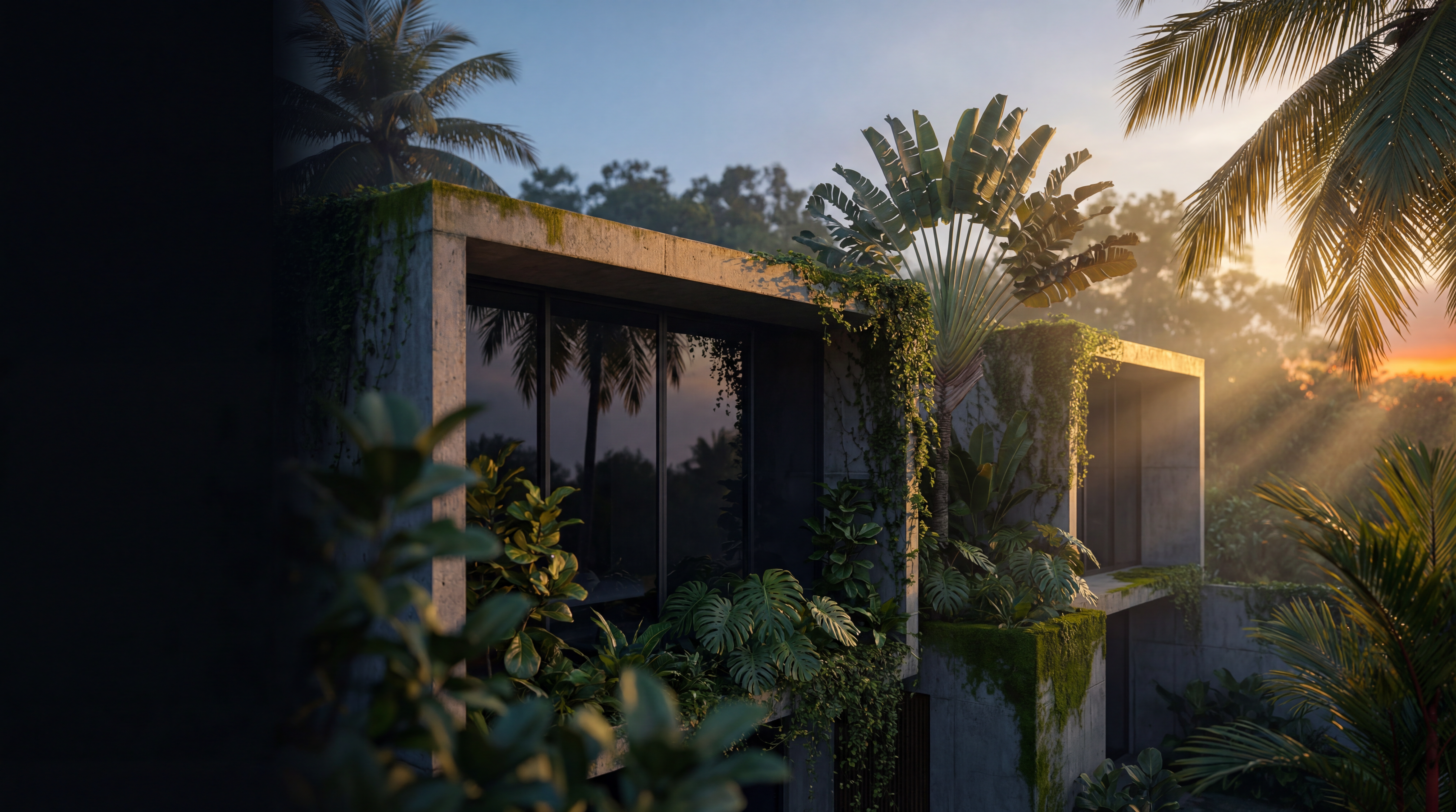 WJ Construction sustainable architecture — tropical vegetation growing through modern concrete